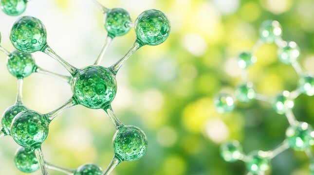 Sustainable solutions concept featuring an abstract 3D green molecular structure.