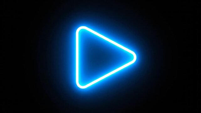 Neon blue glowing play button symbol on a dark black background