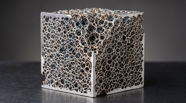 Modern abstract metallic lattice cube sculpture with intricate porous foam structure on dark surface presentation template
