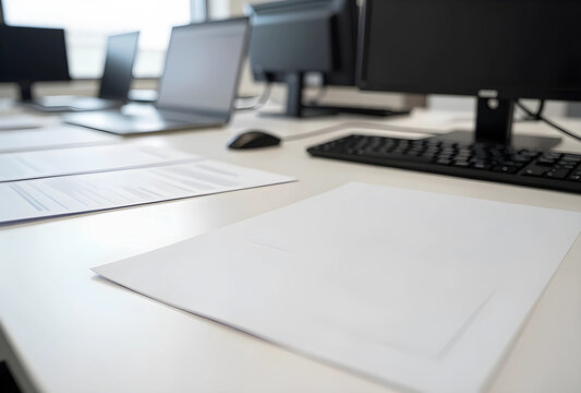Empty office desk with blank papers, remote work shift and corporate downsizing, job market and unemployment