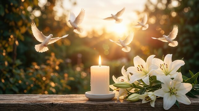 Serene tribute with a burning white candle, lilies, and doves for sympathy and hope.