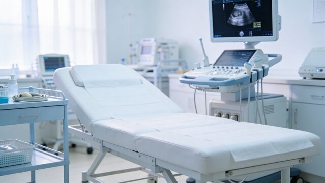 Bright modern medical examination room featuring diagnostic ultrasound machine beside clean patient examination bed with ultrasound monitor displaying sonographic imaging Clinical healthcare setting 