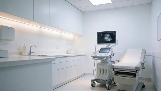 Bright modern medical examination room featuring diagnostic ultrasound machine beside clean patient examination bed with ultrasound monitor displaying sonographic imaging Clinical healthcare setting 