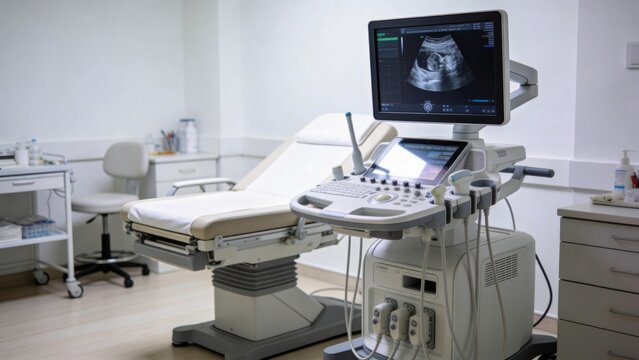 Bright modern medical examination room featuring diagnostic ultrasound machine beside clean patient examination bed with ultrasound monitor displaying sonographic imaging Clinical healthcare setting 