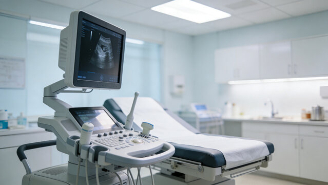 Bright modern medical examination room featuring diagnostic ultrasound machine beside clean patient examination bed with ultrasound monitor displaying sonographic imaging Clinical healthcare setting 