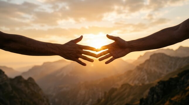 Symbolic gesture of togetherness and help featuring two hands reaching across a scenic mountain landscape at sunset.