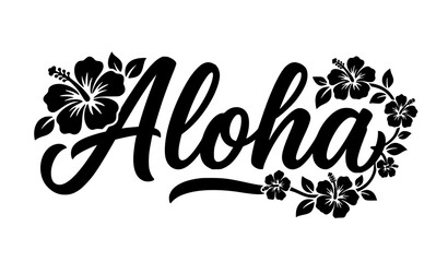 Aloha Tropical Hibiscus Flower Black Script Typography Vector Design © Khadijatunanha