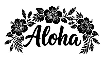 Aloha Hand Lettered Tropical Hibiscus Floral Wreath Black Vector Illustration © Khadijatunanha