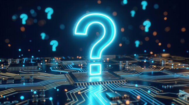 A blue neon question mark symbol integrated into a high-tech microcircuit for problem solving.