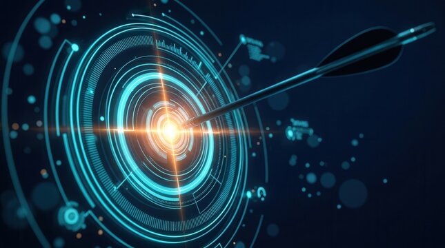 Futuristic technology design showing an arrow striking the bullseye for goal visualization.
