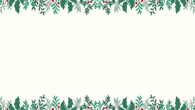 Christmas botanical leaves and red berries border background presentation on cream space