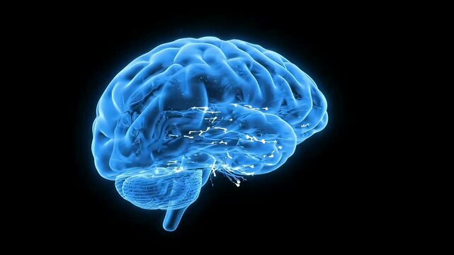 A 3D translucent blue anatomical human brain model continuously rotating 360 degrees on a solid black background.