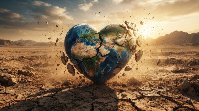 A shattered globe shaped like a heart is dramatically breaking apart against a desolate desert landscape.