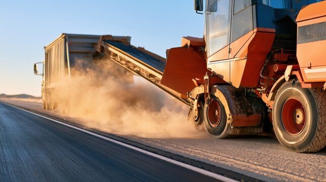 Cold milling machine during road works on highway. Low angle documentary photograph of heavy equipment