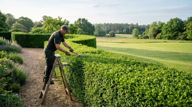 Man gardener trimming a formal hedge with shears from a ladder in a landscaped estate garden. Professional groundskeeping, garden maintenance, outdoor landscaping, and horticulture concept.