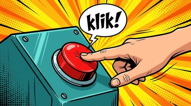 Comic pop art illustration of a hand pushing a big red button with a klik sound effect.