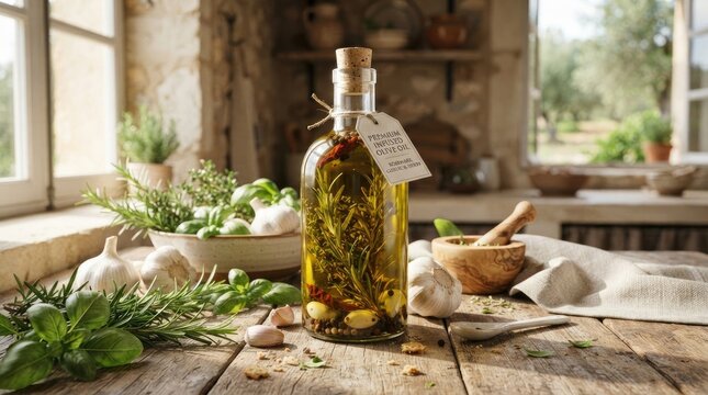 A rustic kitchen scene features a bottle of rosemary infused olive oil on a wooden table.
