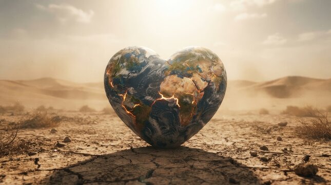 A heart-shaped globe rests on a cracked desert landscape, illuminated by a warm, golden sun.