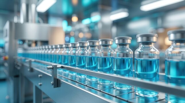 Quality control of medicine vials on a high-tech pharmaceutical production line.