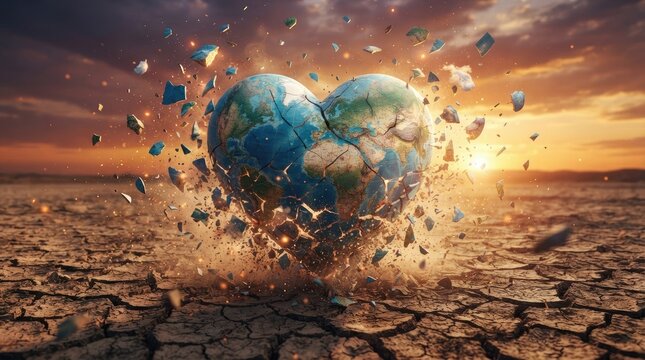 A shattered globe, representing Earth, explodes with fragments against a dramatic sunset sky.