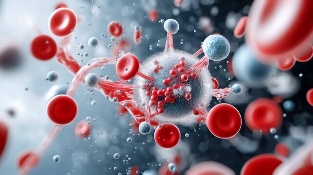 Virus particle drifts among red blood cells through a microscopic bloodstream in a dynamic medical visualization