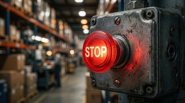 Industrial emergency stop button on a control panel within a warehouse setting.