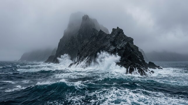 Large rocky islands rising from a dark ocean with crashing waves and fog.