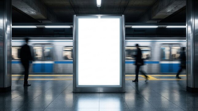 Urban subway station scene with a vertical blank billboard and people walking by in motion blur.