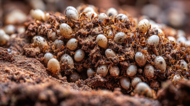 macro shot of an ant nest with numerous eggs