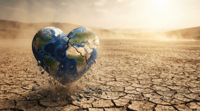 A cracked Earth is dramatically breaking apart, resembling a shattered heart, amidst a desolate desert landscape.