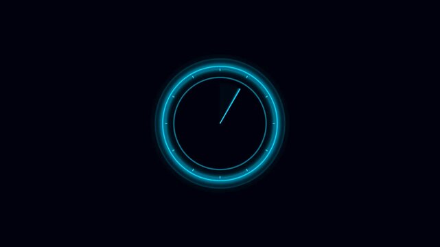 Neon blue circular clock motion graphic countdown timer with glowing light rings on dark background