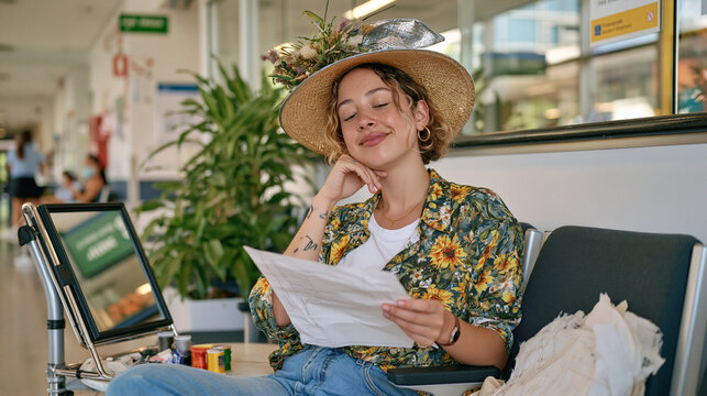 Millinery student in a hospital corridor trying on a structured fascinator prototype during a break, solitary moment of quiet pride in front of a small mirror propped on a waiting room chair, patter