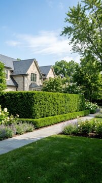 Elegant stone house surrounded by manicured hedges and flowering garden along a paved walkway. Residential landscaping, curb appeal, outdoor living, and property design concept.