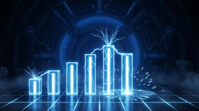 Futuristic glowing blue digital bar chart with electric energy surges and lightning bolts showing financial growth on a dark high tech background