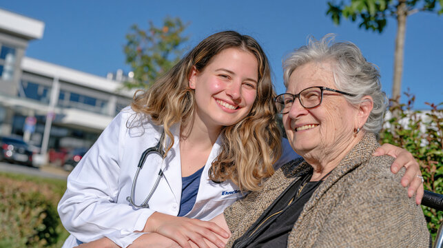 Pharmaceutical research scientist in harsh midday sun outside a clinical trial facility steadies an elderly patient volunteer's arm while explaining a single domino effect diagram showing drug inter