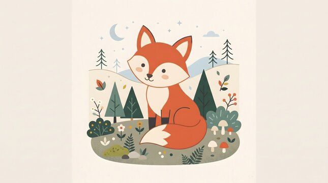 A charming cartoon illustration of a cute fox sitting in a forest environment, designed for children&rsquo;s content and storytelling.