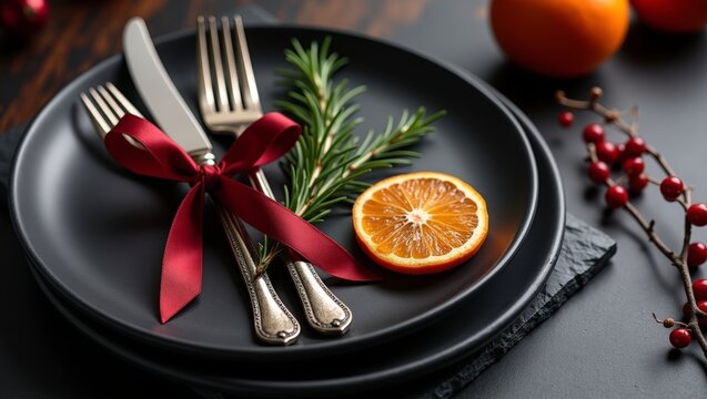 Elegant Christmas Table Setting Matte Black Plate