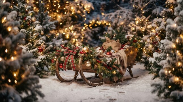 A rustic wooden sleigh is nestled in a snowy forest clearing, adorned with red and green garlands and berries.