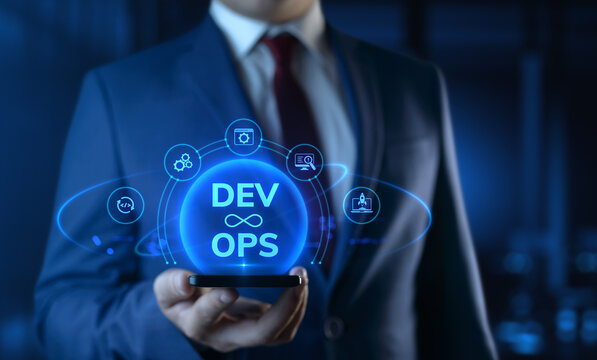 Businessman holding smartphone with Dev Ops Development Operations icons on screen