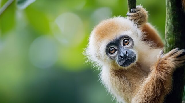 Young Gibbon Monkey Clinging to Tree Branch in Lush Green Forest.