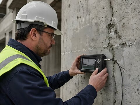 Engineer Using Portable Device to Inspect Concrete Structure
