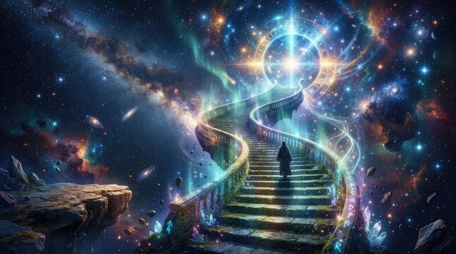 A solitary figure ascends a luminous, spiraling staircase that leads towards a radiant, celestial gateway.