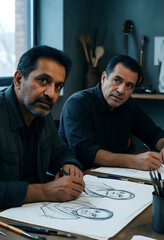 Fototapeta premium Creative collaboration and artistic process, two men drawing sketches together in a studio workshop