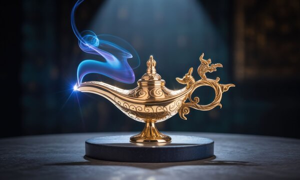 Golden magic lamp with swirling blue smoke, spotlights