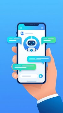 Customer service chat bot AI on smartphone screen. Digital business communication concept with chatbot robot assistant, app messaging interface. Technology and support assistant vector
