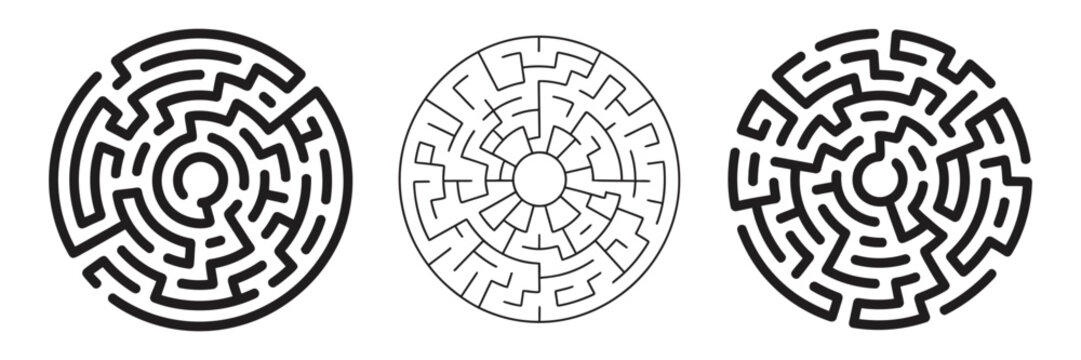 Black circle vector mazes isolated on white background, labyrinth symbols with one and three entrances, circular puzzle icon design.
