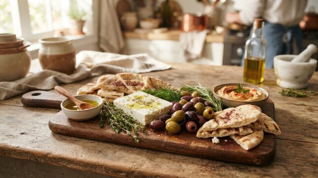 A rustic wooden board displays a Mediterranean-inspired cheese and dip platter.