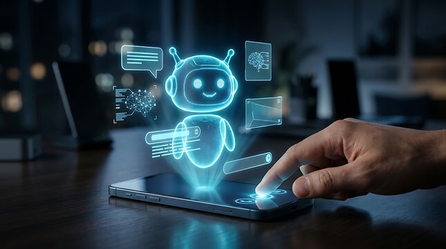 Digital robot icon emerging from smartphone screen, artificial intelligence concept, business technology innovation, augmented reality interface design, smart assistant iconography