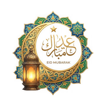 Elegant crescent moon and lantern illustration for eid mubarak celebrations isolated on transparent background