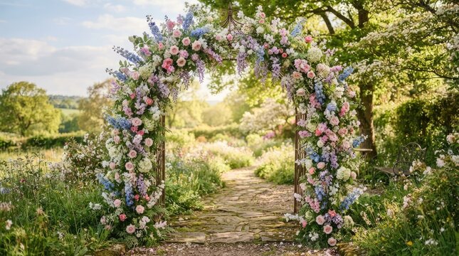A beautiful floral archway stands in a lush garden, creating a picturesque pathway.